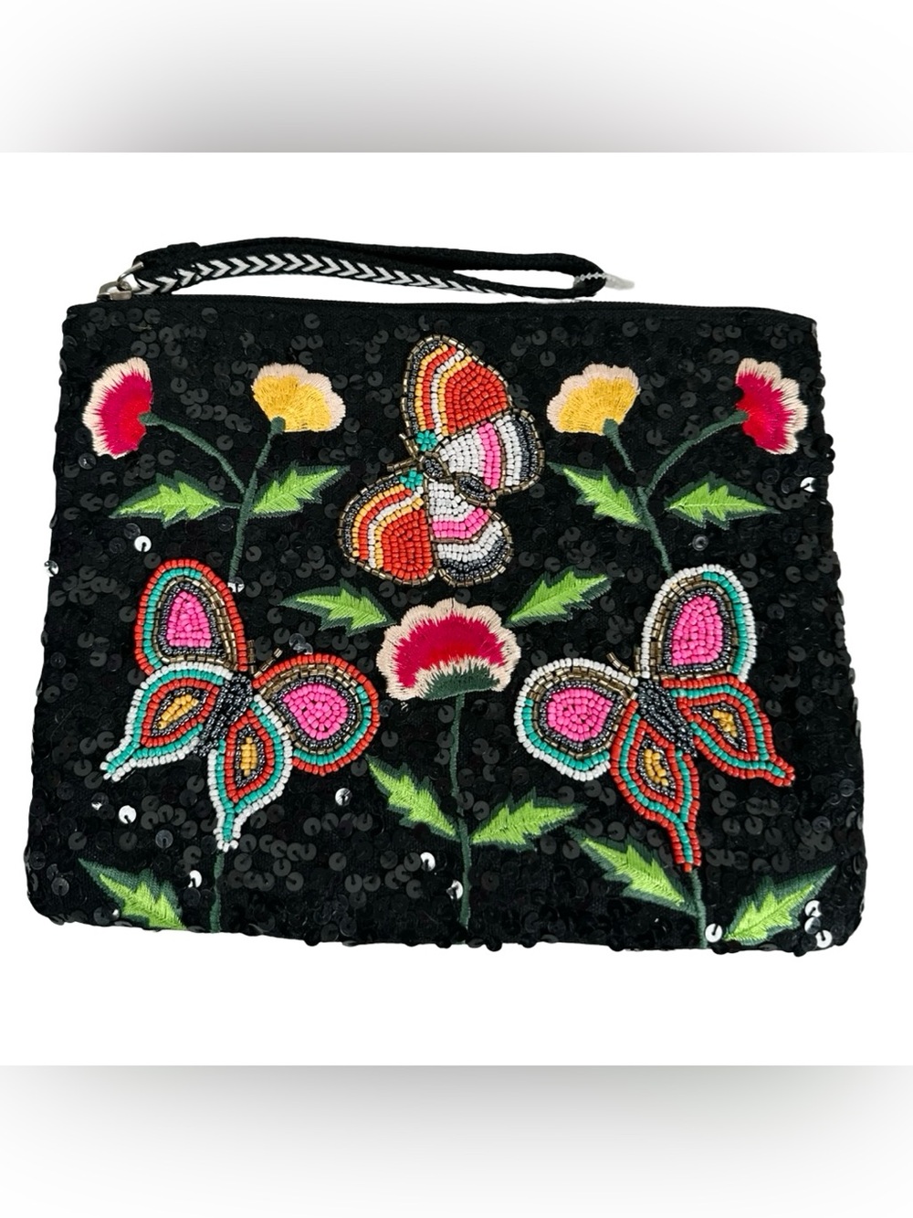 America & Beyond Black Hand Beaded Butterfly Garden Floral Wristlet Clutch Bag
